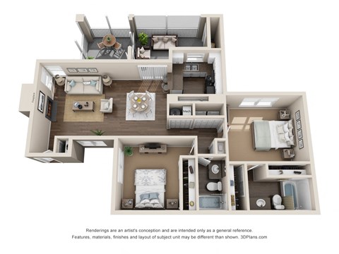 a spacious two bedroom apartment with a large living room and kitchen with a dining area and a